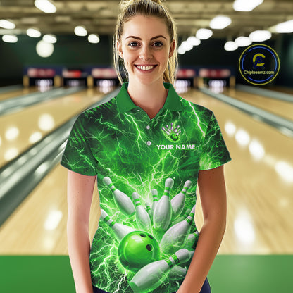 Green Lightning Bowling Shirts for Team Women Men Custom Bowling Polo & 1/4 Zip Shirt MBL241