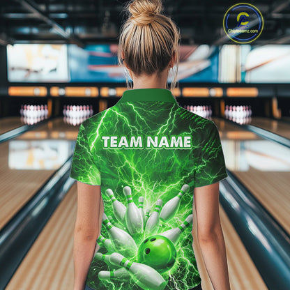 Green Lightning Bowling Shirts for Team Women Men Custom Bowling Polo & 1/4 Zip Shirt MBL241