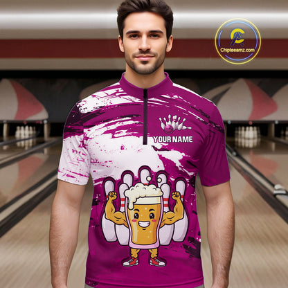 Pink Funny Beer Bowling Shirts for Women Men Team Bowling Polo&1/4 Zip Bowl League MBL253