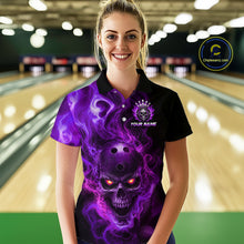 Load image into Gallery viewer, Woman wearing a black bowling polo shirt featuring a flaming skull with glowing orange eyes, purple smoke effects, and custom “YOUR NAME” text