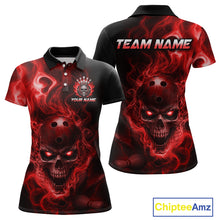 Load image into Gallery viewer, Front and back views of a black bowling polo shirt featuring a flaming skull with glowing red eyes, red smoke effects, and custom “TEAM NAME” and “YOUR NAME” text.