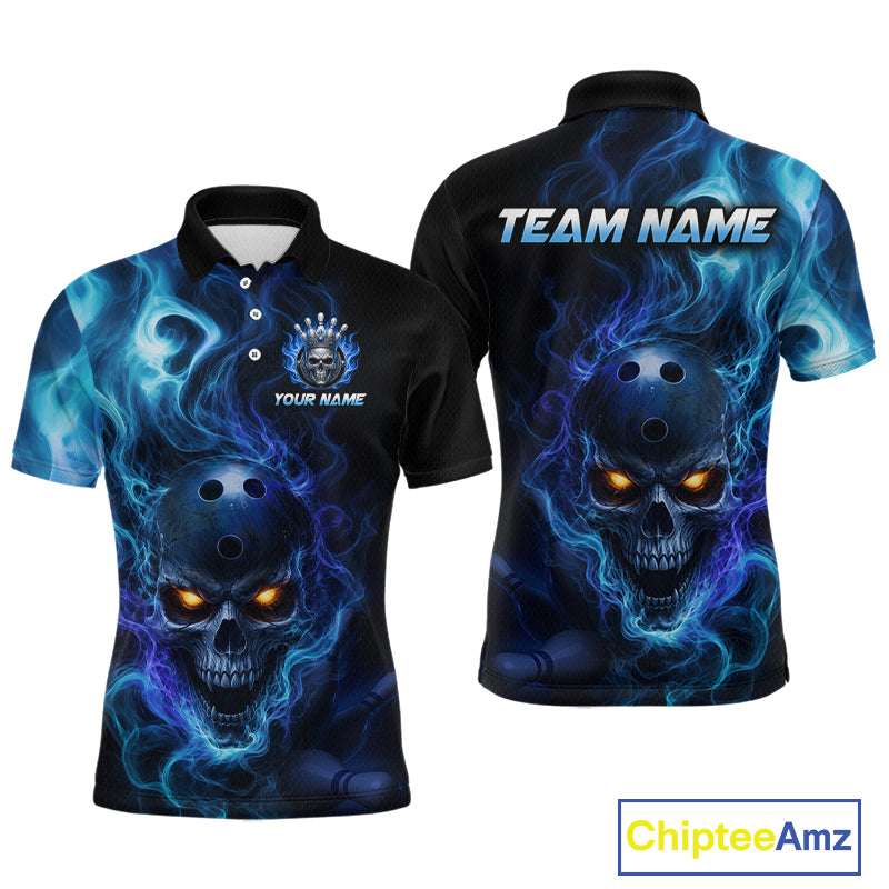 Front and back views of a black bowling polo shirt featuring a flaming skull with glowing orange eyes, blue smoke effects, and custom “TEAM NAME” and “YOUR NAME” text.
