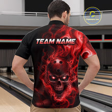 Load image into Gallery viewer, Man wearing a black bowling quarter zip shirt featuring a flaming skull with glowing red eyes, red smoke effects, and custom “TEAM NAME” text.