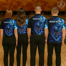 Load image into Gallery viewer, Four people wearing a black bowling polo shirt featuring a flaming skull with glowing orange eyes, blue smoke effects, and custom “TEAM NAME” text.