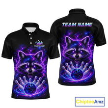 Load image into Gallery viewer, Black short-sleeve polo shirt shown from the front and back, featuring a vivid purple and blue raccoon bowling graphic with lightning effects, bowling pins, and customizable text areas on the chest and upper back. A ChipteeAmz logo appears in the bottom right corner.