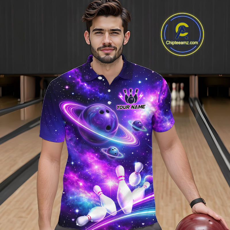 Man wearing a purple galaxy bowling polo with ringed planet bowling balls, white pins, and custom player name text.