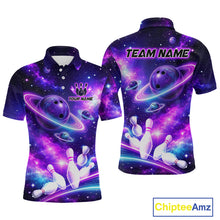 Load image into Gallery viewer, Front and back views of a purple galaxy bowling polo with ringed planet bowling balls, white pins, and custom team and player name text.