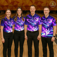 Load image into Gallery viewer, Four people wearing a purple galaxy bowling polo with ringed planet bowling balls, white pins, and custom team and player name text.