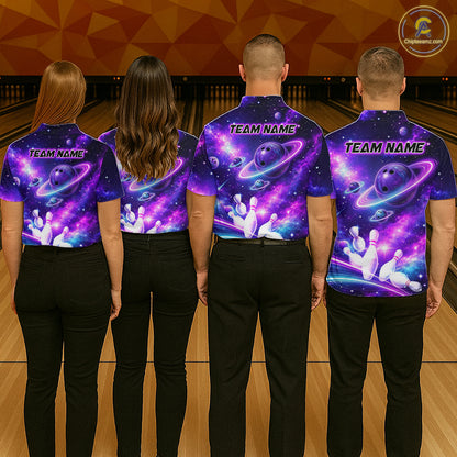 Four people wearing a purple galaxy bowling polo with ringed planet bowling balls, white pins, and custom team name text.