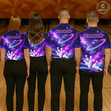 Load image into Gallery viewer, Four people wearing a purple galaxy bowling polo with ringed planet bowling balls, white pins, and custom team name text.