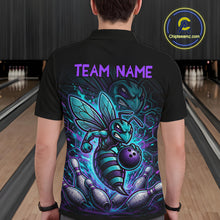 Load image into Gallery viewer, Man wearing a black bowling polo with teal and purple bee graphics, custom team text, bowling pins, and a purple bowling ball.