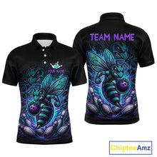 Load image into Gallery viewer, Front and back views of a black bowling polo with teal and purple bee graphics, custom team text, bowling pins, and a purple bowling ball.