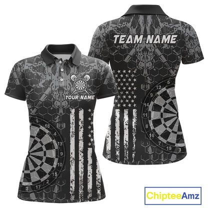 Front and back darts polo shirt featuring dartboard graphics blended with a american flag flag pattern on a black gray background.