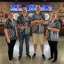 Load image into Gallery viewer, Four people wearing darts polo shirt featuring dartboard graphics blended with a american flag pattern on a black gray background.
