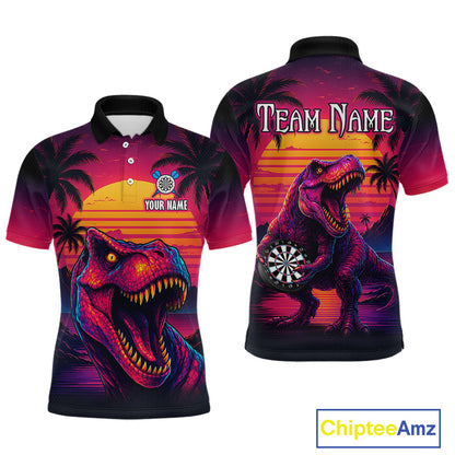 Front and back darts polo shirt featuring a dinosaur holding a dartboard with sunset and palm tree artwork on a colorful background.