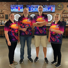 Load image into Gallery viewer, Four people wearing darts polo shirt featuring a dinosaur holding a dartboard with sunset and palm tree artwork on a colorful background.