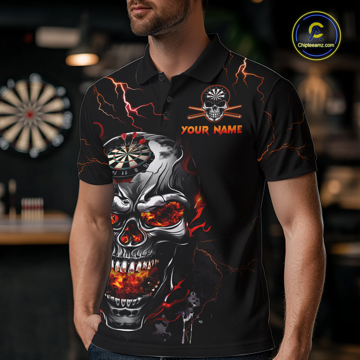 Custom Thunder Skull Darts Board Dart Shirts for Men Darts Team Jerseys Polo & 1/4 Zip NNT134