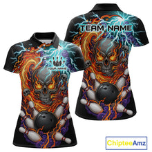 Load image into Gallery viewer, Front and back views of a black bowling polo featuring a flaming skull graphic, lightning effects, bowling pins, and a black bowling ball, with custom team and player name text.