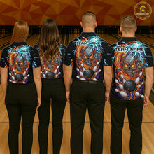 Load image into Gallery viewer, Four people wearing black bowling polo featuring a flaming skull graphic, lightning effects, bowling pins, and a black bowling ball, with custom team and player name text.