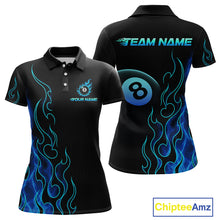 Load image into Gallery viewer, Front and back billiards polo shirt featuring an eight ball design surrounded by flowing blue flame graphics on a black background.
