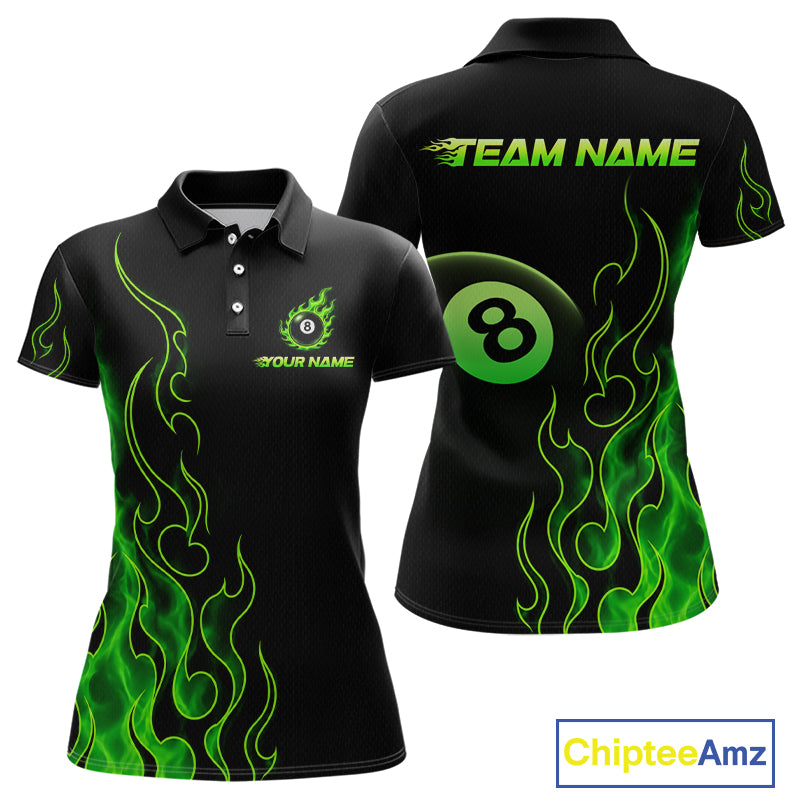 Front and back billiards polo shirt featuring an eight ball design surrounded by flowing green flame graphics on a black background.