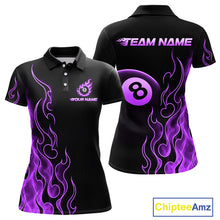Load image into Gallery viewer, Front and back billiards polo shirt featuring an eight ball design surrounded by flowing purple flame graphics on a black background.
