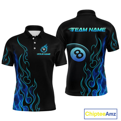Front and back billiards polo shirt featuring an eight ball design surrounded by flowing blue flame graphics on a black background.