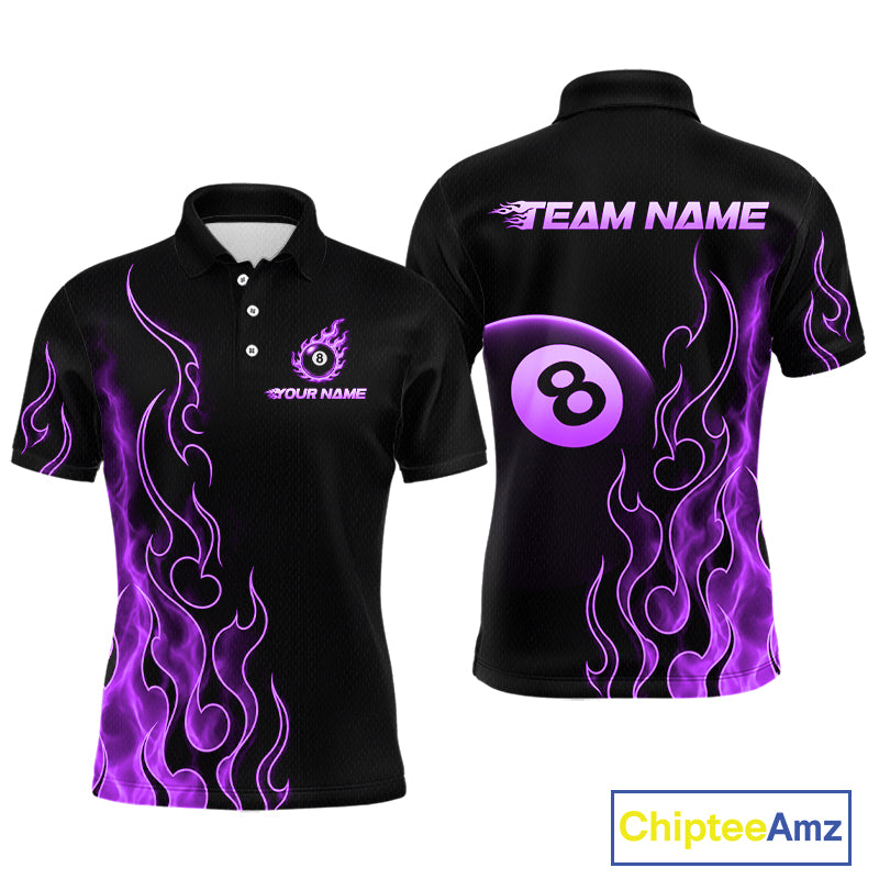 Front and back billiards polo shirt featuring an eight ball design surrounded by flowing purple flame graphics on a black background.