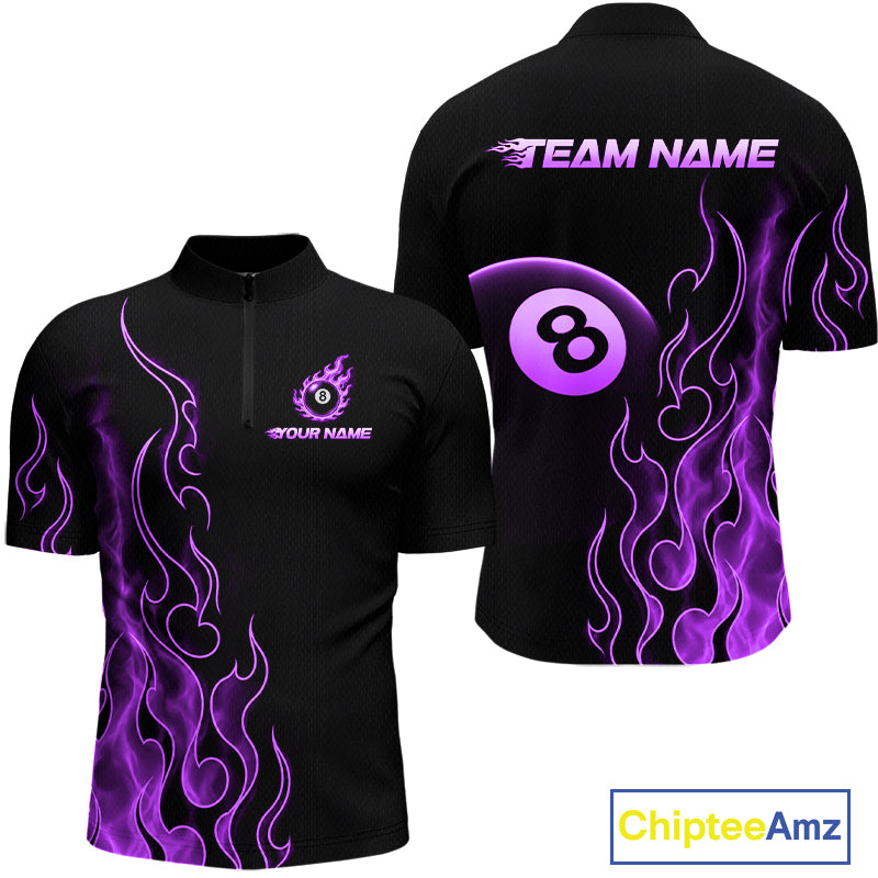 Front and back billiards quarter zip shirt featuring an eight ball design surrounded by flowing purple flame graphics on a black background.