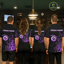 Load image into Gallery viewer, Four people wearing billiards polo shirt featuring an eight ball design surrounded by flowing purple flame graphics on a black background.