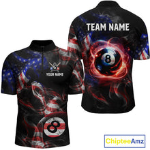 Load image into Gallery viewer, Front and back view personalized billiards quarter zip shirt with an eight ball design connected by american flag smoke patterns across a black layout.