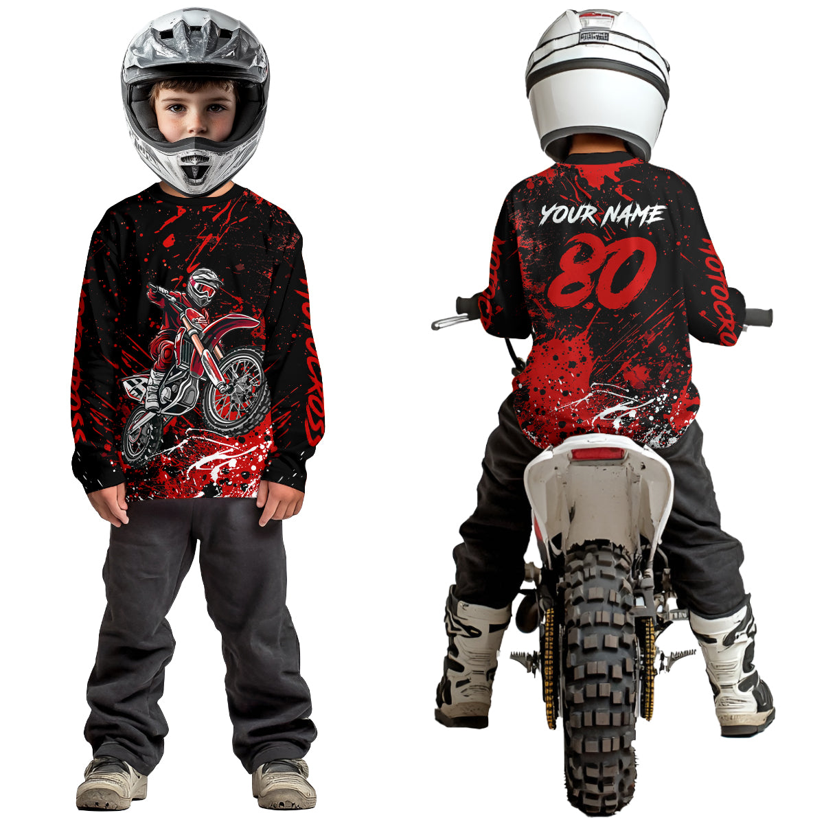 Personalized Red Youth Motocross Shirts Off-Road Dirt Bike Jersey Kid Men Women UPF30+ DNT17