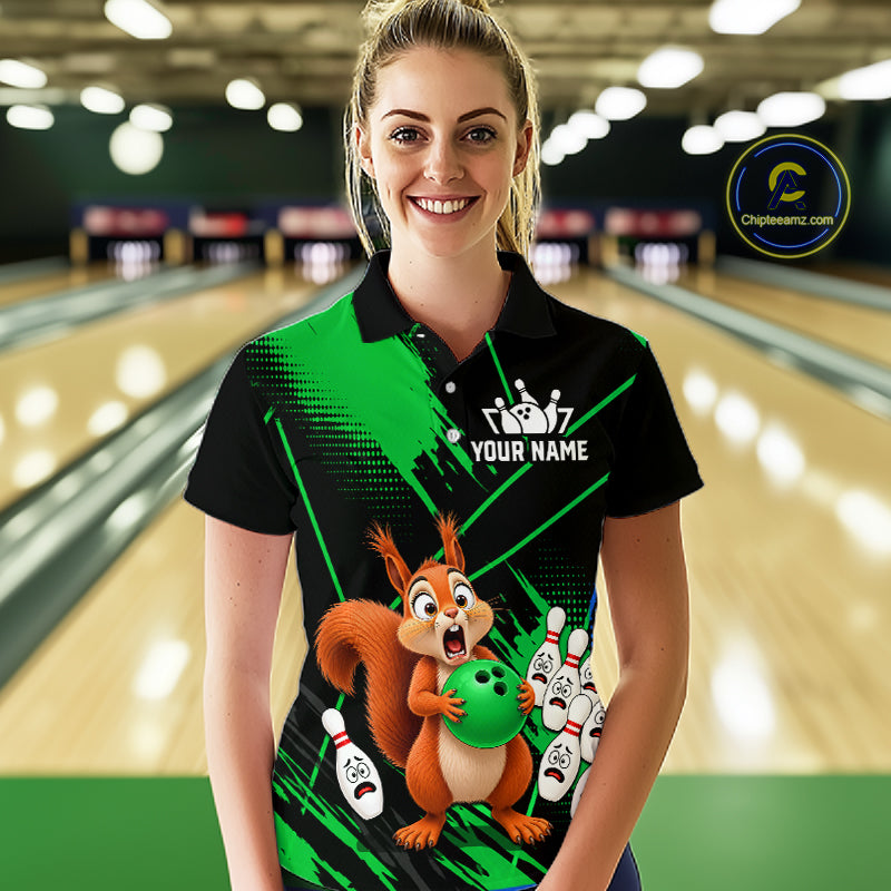 Custom Green Squirrel Bowling Jersey for Women Bowling Team Shirts Bowling Polo & 1/4 Zip HNT301