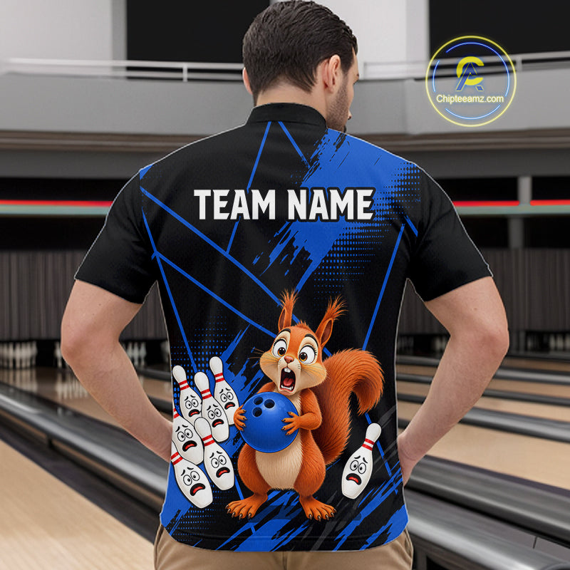 Custom Blue Squirrel Bowling Jersey for Men Bowling Team Shirts Bowling Polo & 1/4 Zip HNT301