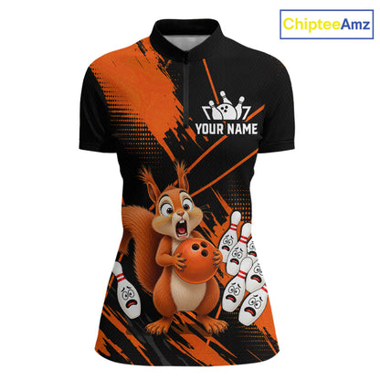 Custom Orange Squirrel Bowling Jersey for Women Bowling Team Shirts Bowling Polo & 1/4 Zip HNT301