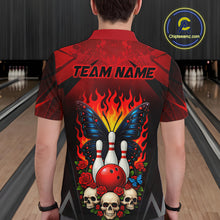 Load image into Gallery viewer, Man wearing a red and black bowling polo shirt featuring flaming bowling pins, a red bowling ball, a blue butterfly, roses, skulls, and custom team name text.
