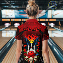 Load image into Gallery viewer, Woman wearing a red and black bowling quarter zip shirt featuring flaming bowling pins, a red bowling ball, a blue butterfly, roses, skulls, and custom team name text.
