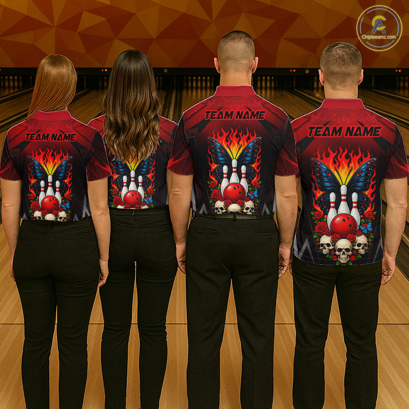 Four people wearing red and black bowling polo shirt featuring flaming bowling pins, a red bowling ball, a blue butterfly, roses, skulls, and custom your name text.