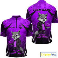 Load image into Gallery viewer, Front and back views of a purple and black bowling quarter zip shirt featuring a gray wolf mascot holding a purple bowling ball, with custom team and player name text.