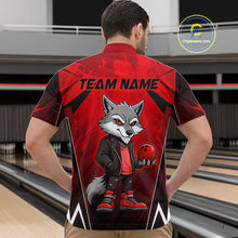 Load image into Gallery viewer, Man wearing a red and black bowling polo shirt featuring a gray wolf mascot holding a red bowling ball, with custom team name text.