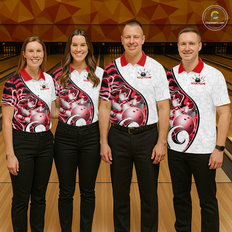 Custom Red Liquid Swirl Bowling Jersey for Women Bowling Team Shirts Bowling League Polo & 1/4 Zip HNT471