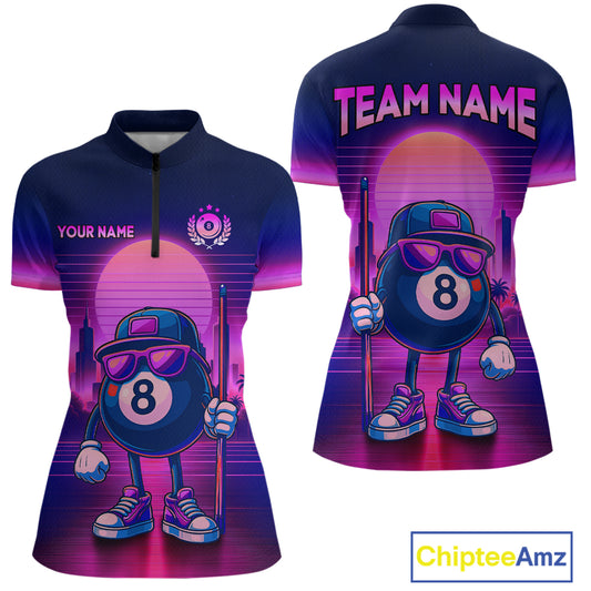 Custom Purple Funny 8 Ball Retro Billiard Shirts for Women Billiard Team Shirts Polo & 1/4 Zip NNT93