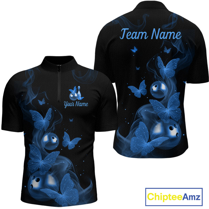 Custom Blue Butterfly Galaxy Bowling Jersey for Men Bowling Team Shirts Bowling League HNT310