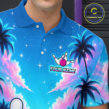Load image into Gallery viewer, personalized bowling polo shirt with bowling characters arranged within a tropical sunset scene with palm trees and ocean details.