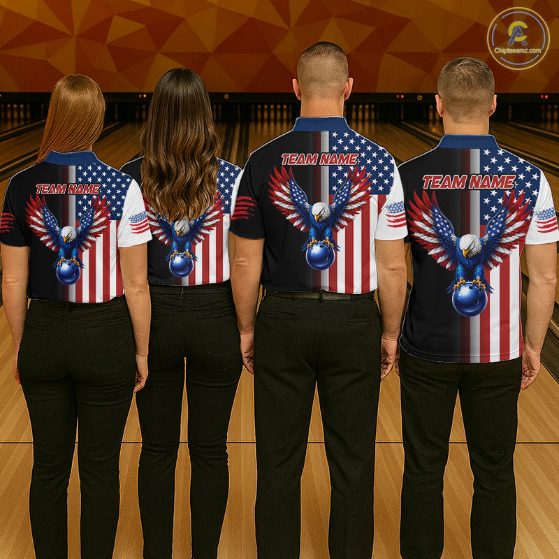 Custom US Flag Eagle Bowling Jersey for Women Bowling Team Shirts Polo & 1/4 Zip Bowling League HNT476