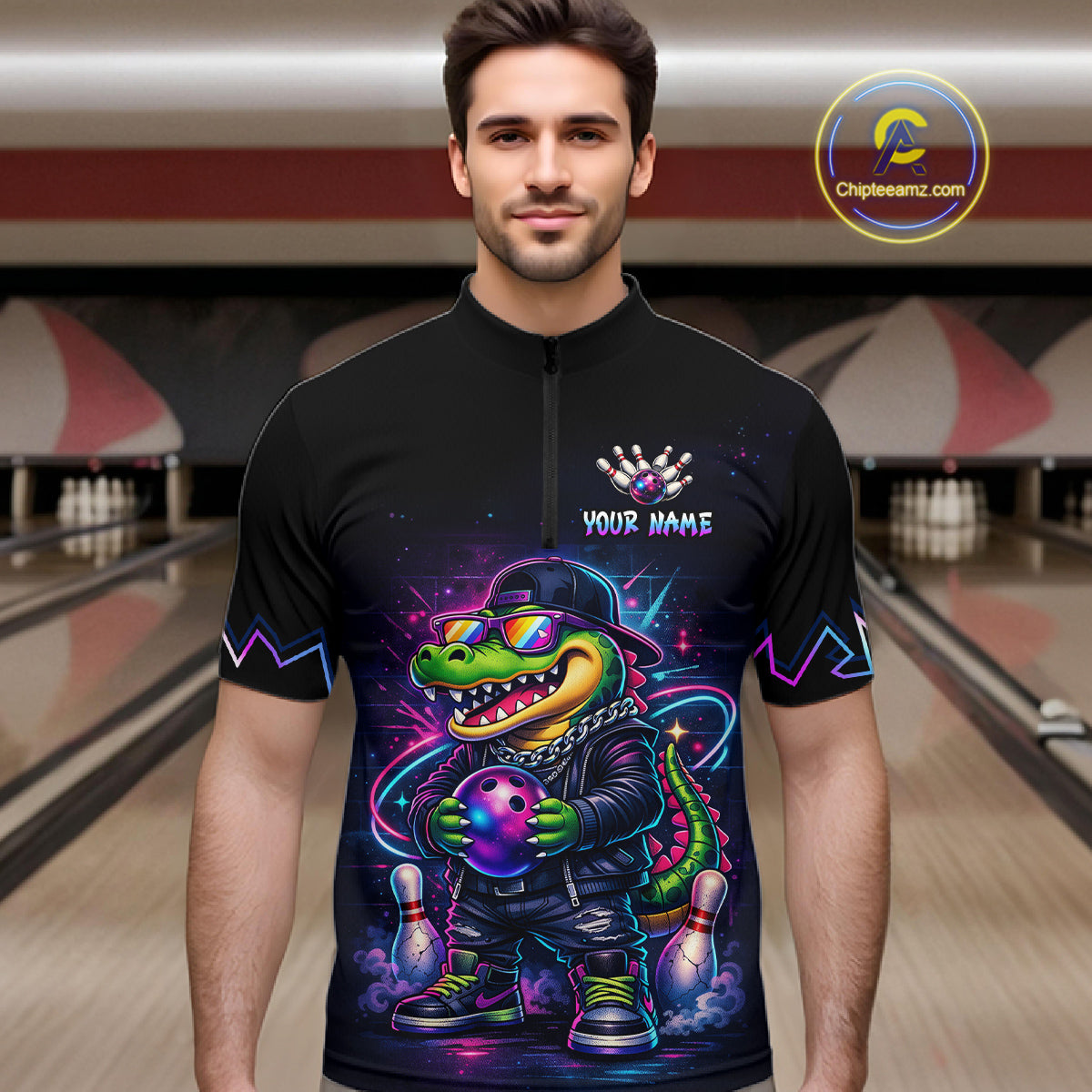Custom Neon Funny Alligator Bowling Jersey for Men Bowling Tournament Polo & 1/4 Zip Bowling Team Shirts HNT219
