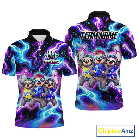 Custom Funny Sloth Bowling Jersey for Men Purple Blue Neon Bowling Team Shirts Bowling League HNT307