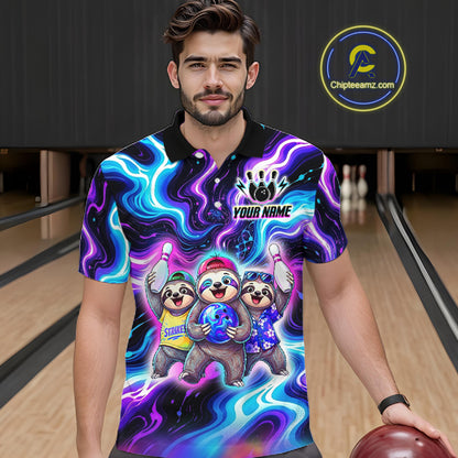 Custom Funny Sloth Bowling Jersey for Men Purple Blue Neon Bowling Team Shirts Bowling League HNT307