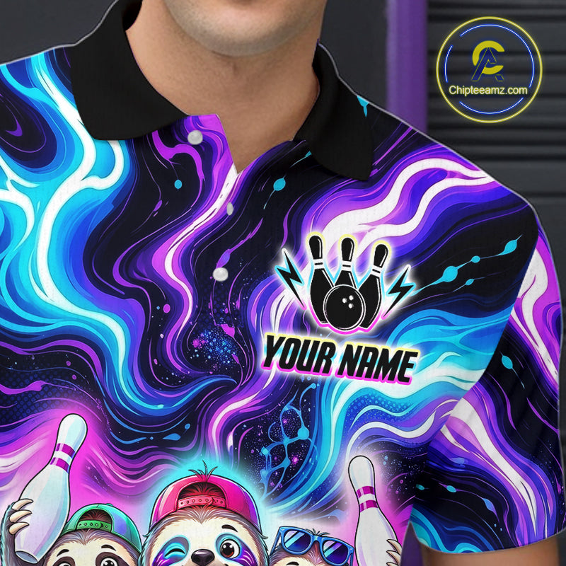 Custom Funny Sloth Bowling Jersey for Men Purple Blue Neon Bowling Team Shirts Bowling League HNT307