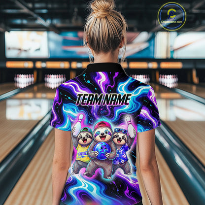 Custom Funny Sloth Bowling Jersey for Women Purple Blue Neon Bowling Team Shirts Bowling League HNT307